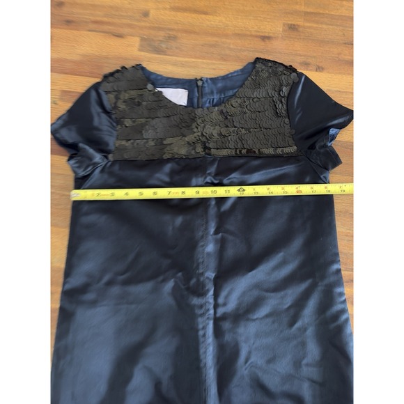 Vera Wang Sequined Party Dress Navy Blue Satin Midi With Black Sequin‎ Neckline - Picture 10 of 16